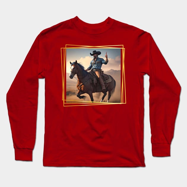 Mounted Cowboy holding his finger up Long Sleeve T-Shirt by PersianFMts